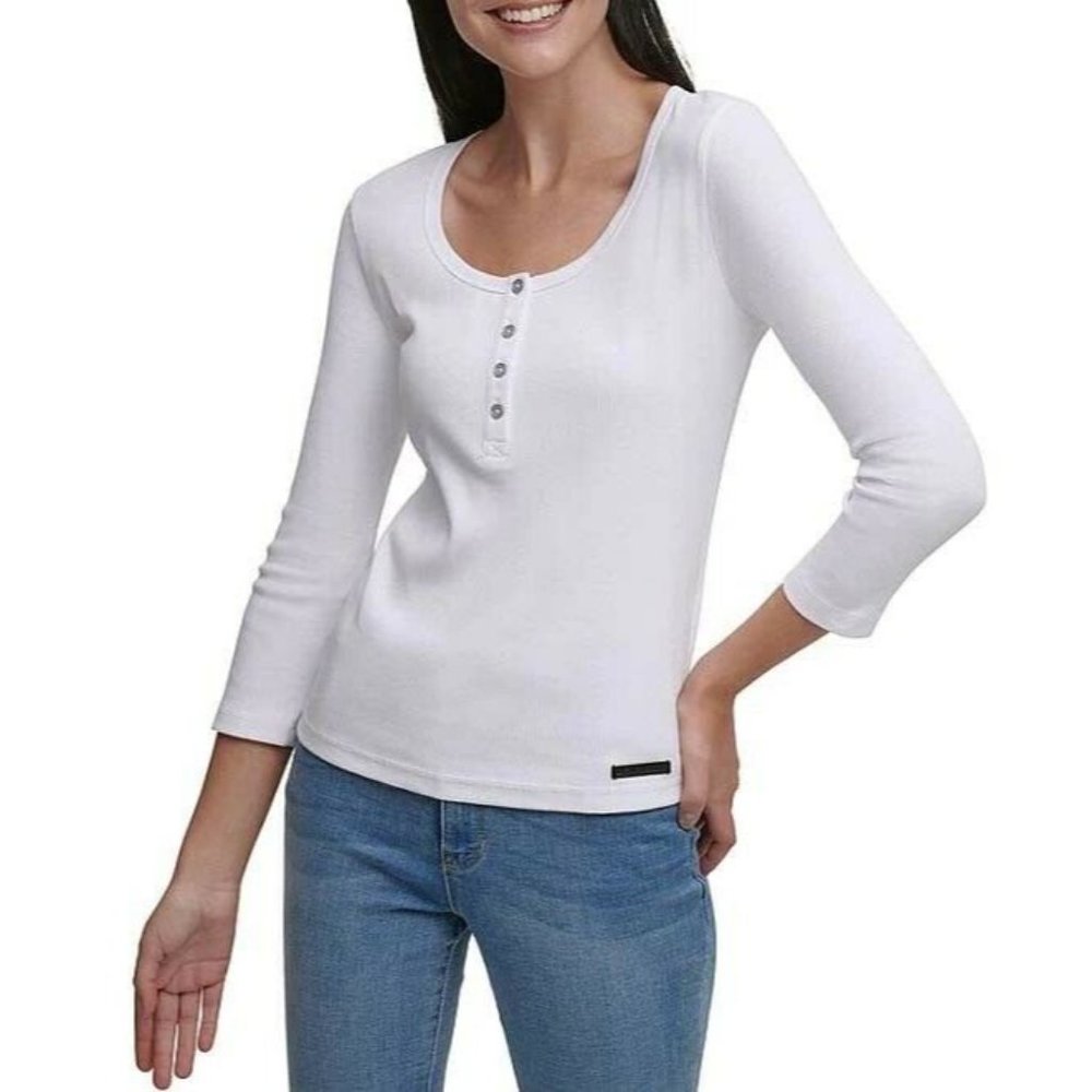 DKNY Jeans Women's Ribbed Knit 3/4 Sleeve White Henley Top Size Medium $49